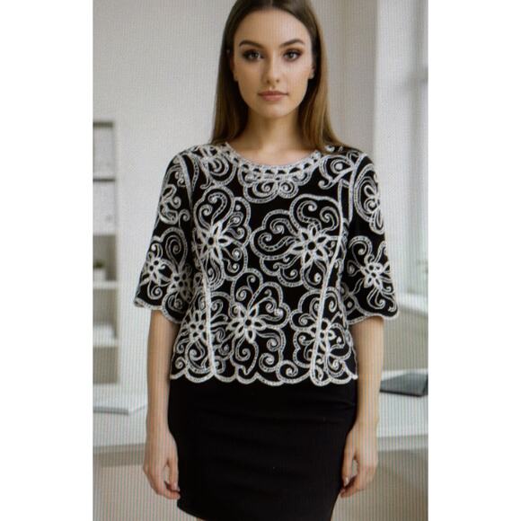 Chico's Womens large Black White Top embroidered feminine wedding guest elegant - Picture 1 of 14